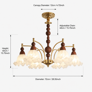 dimension chart for the adjustable white glass chandelier for 6-light white glass chandelier