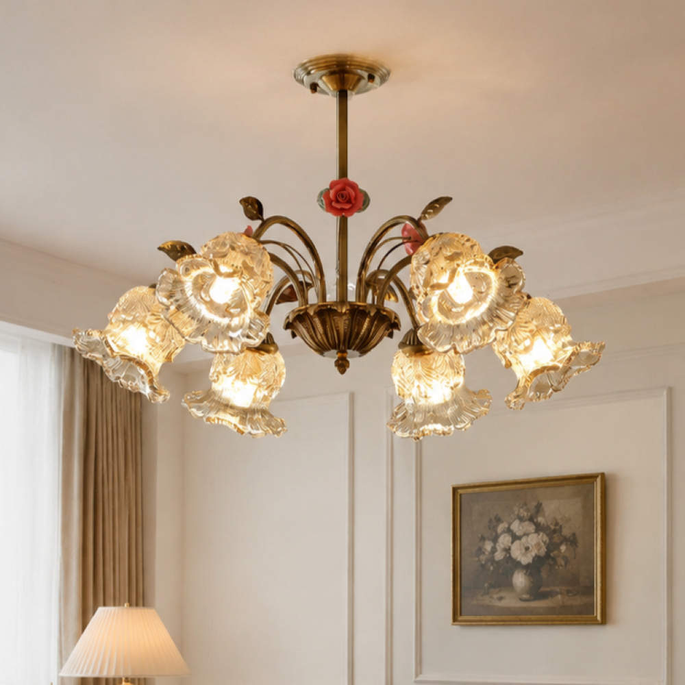 6-light gold vintage pink floral glass chandelier with pink floral glass shades and gold frame