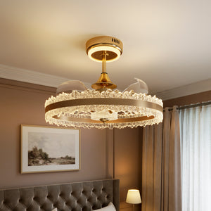 Gold halo ceiling fan light installed above a calm modern bedroom corner