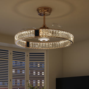 Gold crystal ceiling fan with light and remote, compact 60cm decorative design