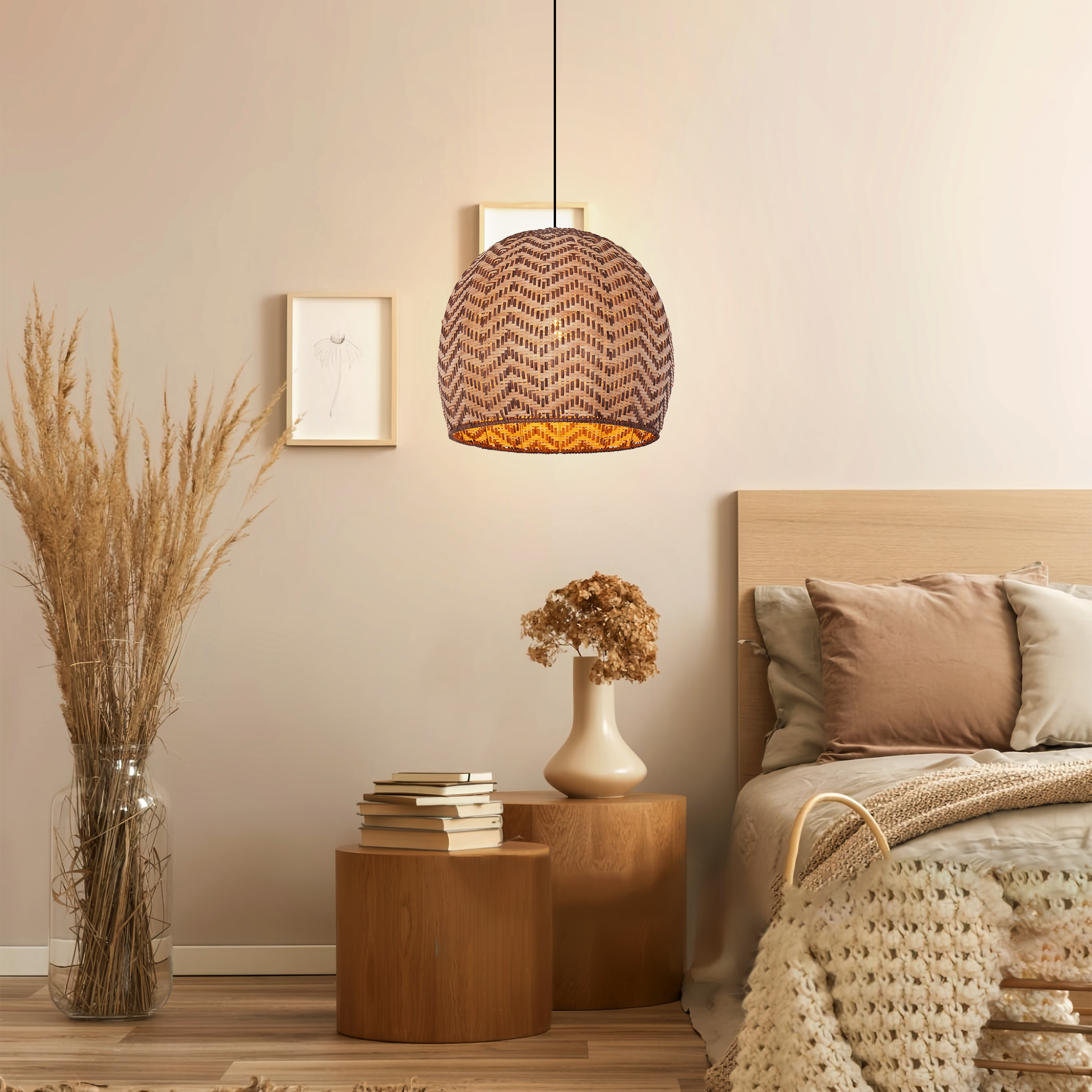 Elegant Woven Rattan Pendant Light with Wave Details