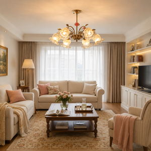 6-light gold vintage pink floral glass chandelier above a cosy sofa and coffee table