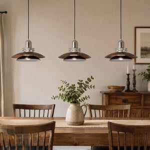 3-light walnut iron bar pendant in a warm living room