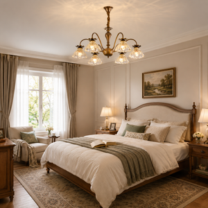 6-light gold vintage floral glass chandelier in a warm bedroom setting
