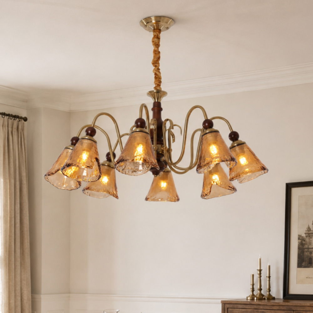8-light walnut vintage cut glass chandelier with eight cut glass shades and walnut accents