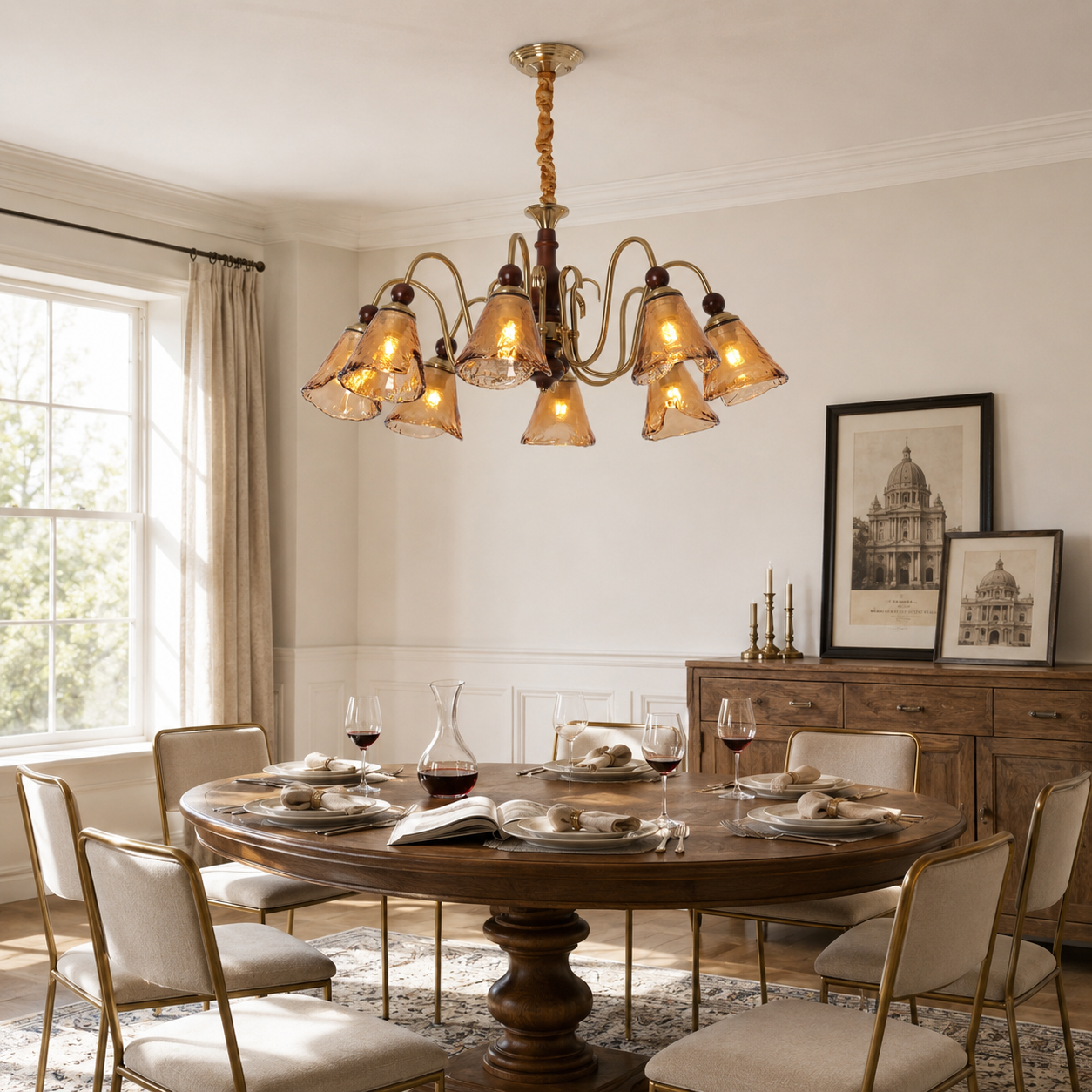 8-light walnut vintage cut glass chandelier above a round dining table