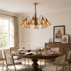 8-light walnut vintage cut glass chandelier above a round dining table