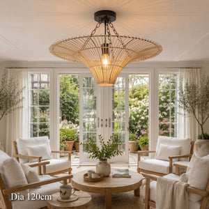 120cm rattan saucer ceiling light over a bright open-plan living room