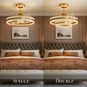 Single and double gold halo ceiling fan light options shown in a bedroom