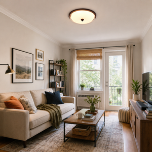 walnut acrylic shade ceiling light in a living room with framed wall art