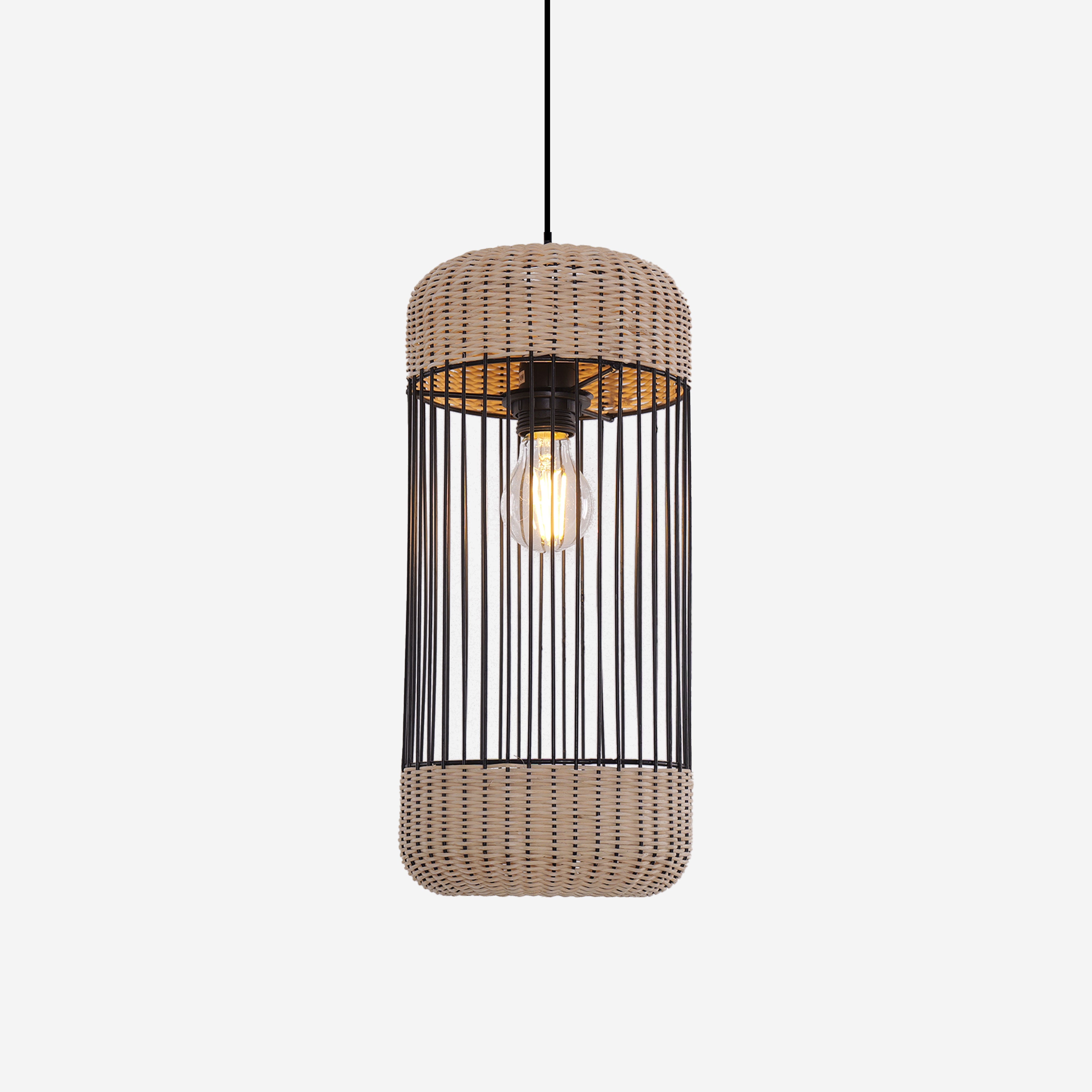 Iron Rattan Woven Pendant Light Cylindrical Shape Suitable for Kitchen Island & Bedroom