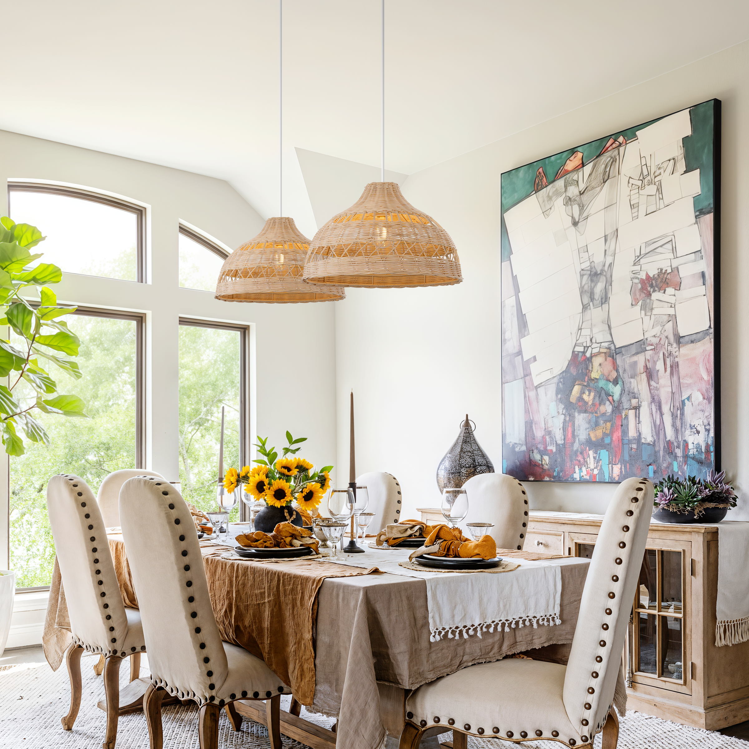 Handwoven Rattan Woven Pendant Light Retro Country Lamp Fixture for Dining Room