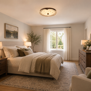 walnut ripple acrylic ceiling light in a warm neutral bedroom