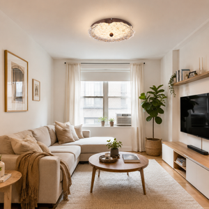 walnut ripple acrylic ceiling light in a living room with plants and TV wall