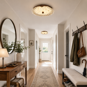 walnut ripple acrylic ceiling light lighting a narrow hallway