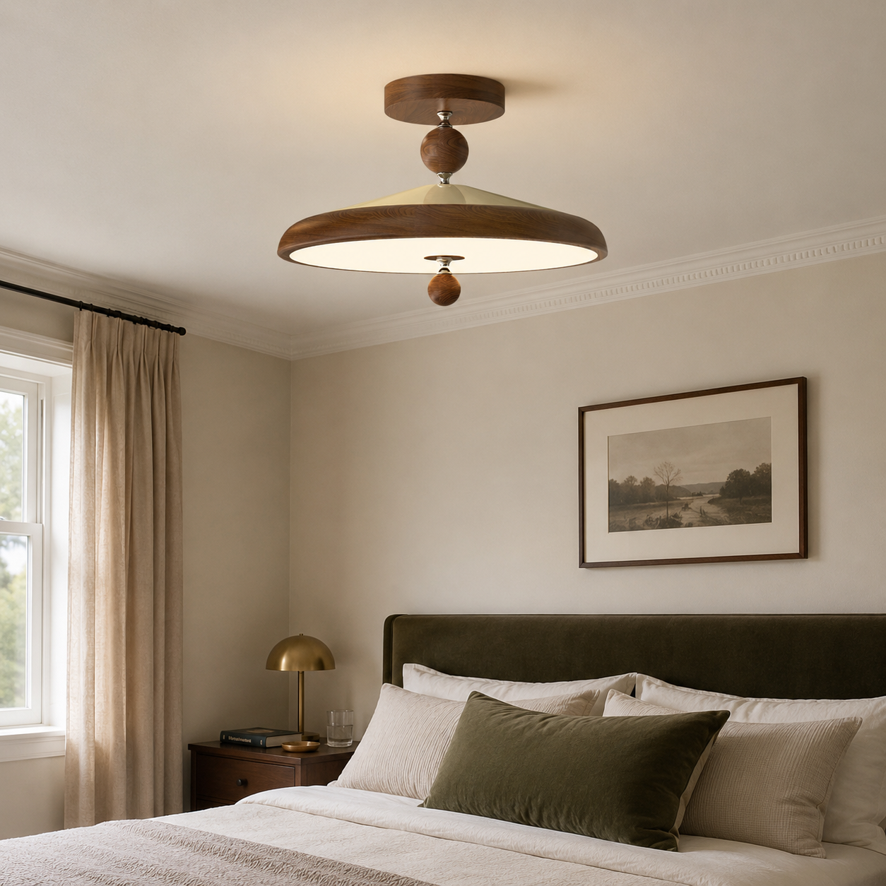walnut two globe ceiling light in a bedroom with soft neutral decor