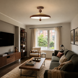 walnut two globe ceiling light in a living room with walnut accents