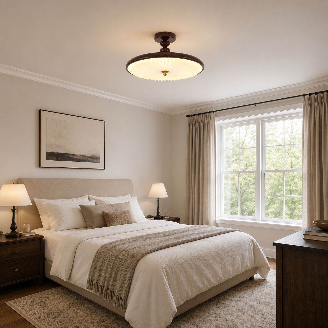 walnut pleated ceiling light in a calm bedroom with natural light