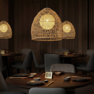 Rattan pendant lights with inner spheres in a warm restaurant setting
