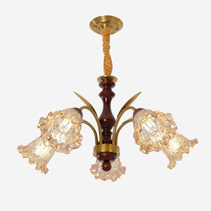 5-light copper chandelier with flower glass shades with canopy and shade details