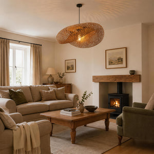 woven bamboo pendant light above a cosy sofa and coffee table