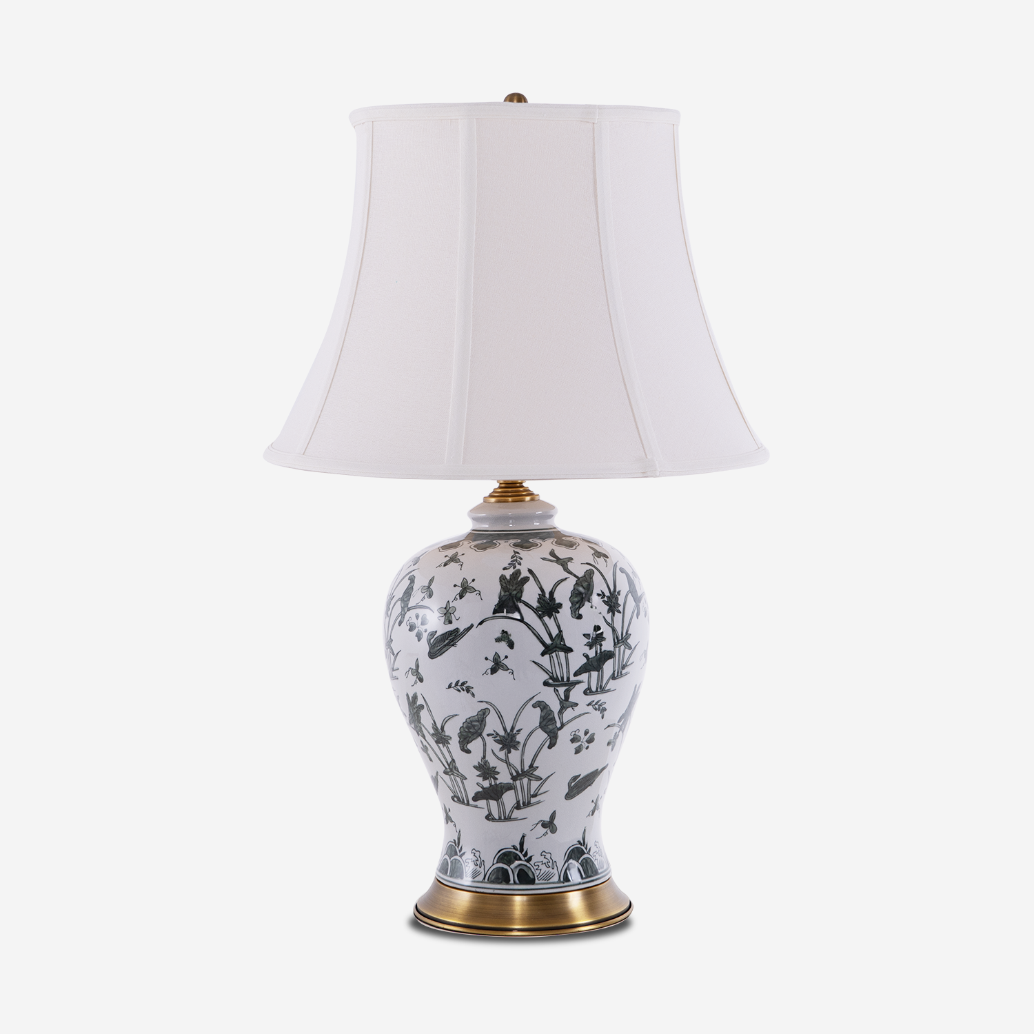 Classic Hand-Painted Ceramic Table Lamp with Lotus Pond Design and Antique Brass Base