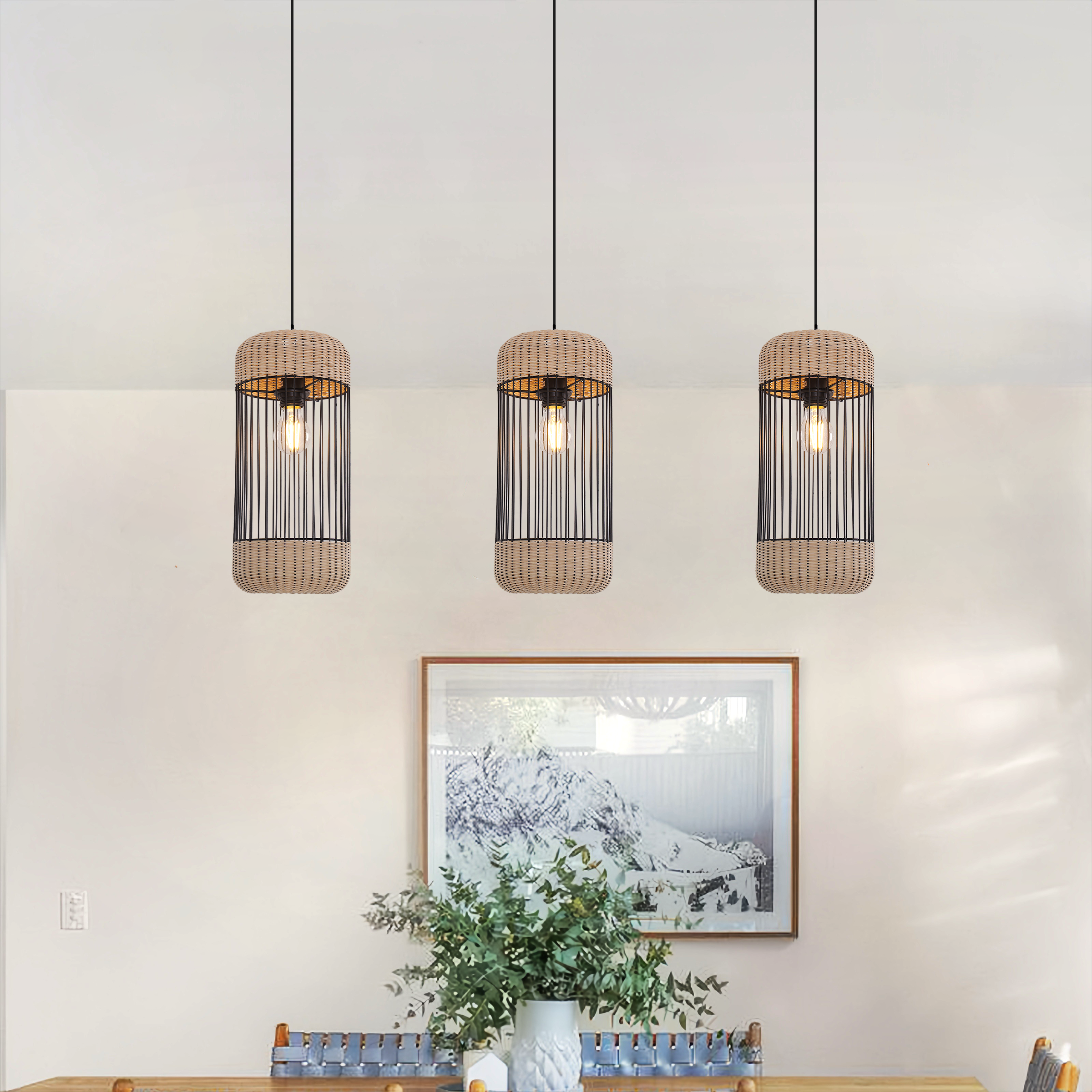 Iron Rattan Woven Pendant Light Cylindrical Shape Suitable for Kitchen Island & Bedroom