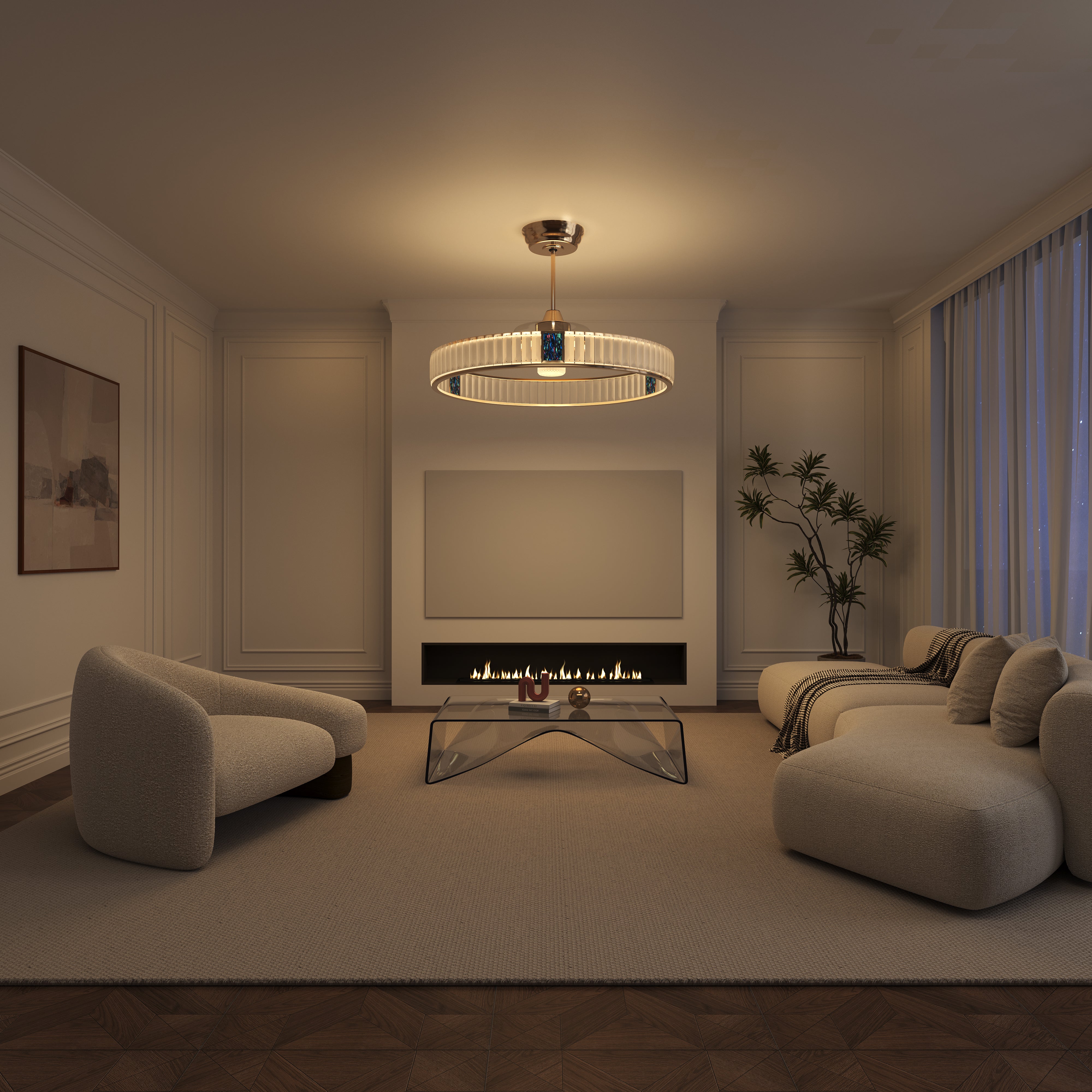 Elegant Gold Ceiling Fan with Light, Crystal Accent, and 6-Speed Control