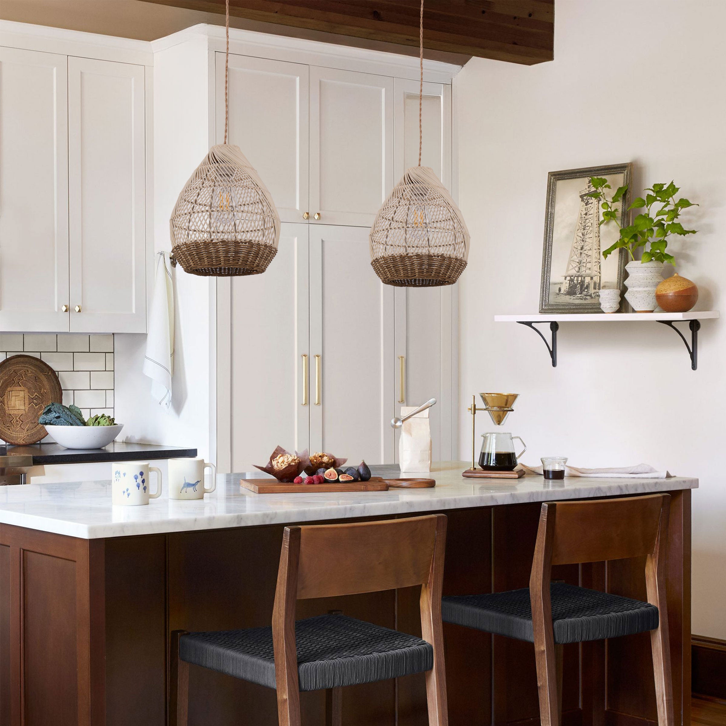 Handwoven Boho Teardrop Design Rattan Iron Pendant Light