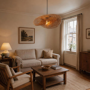 bamboo pendant light in a soft neutral living room with fireplace
