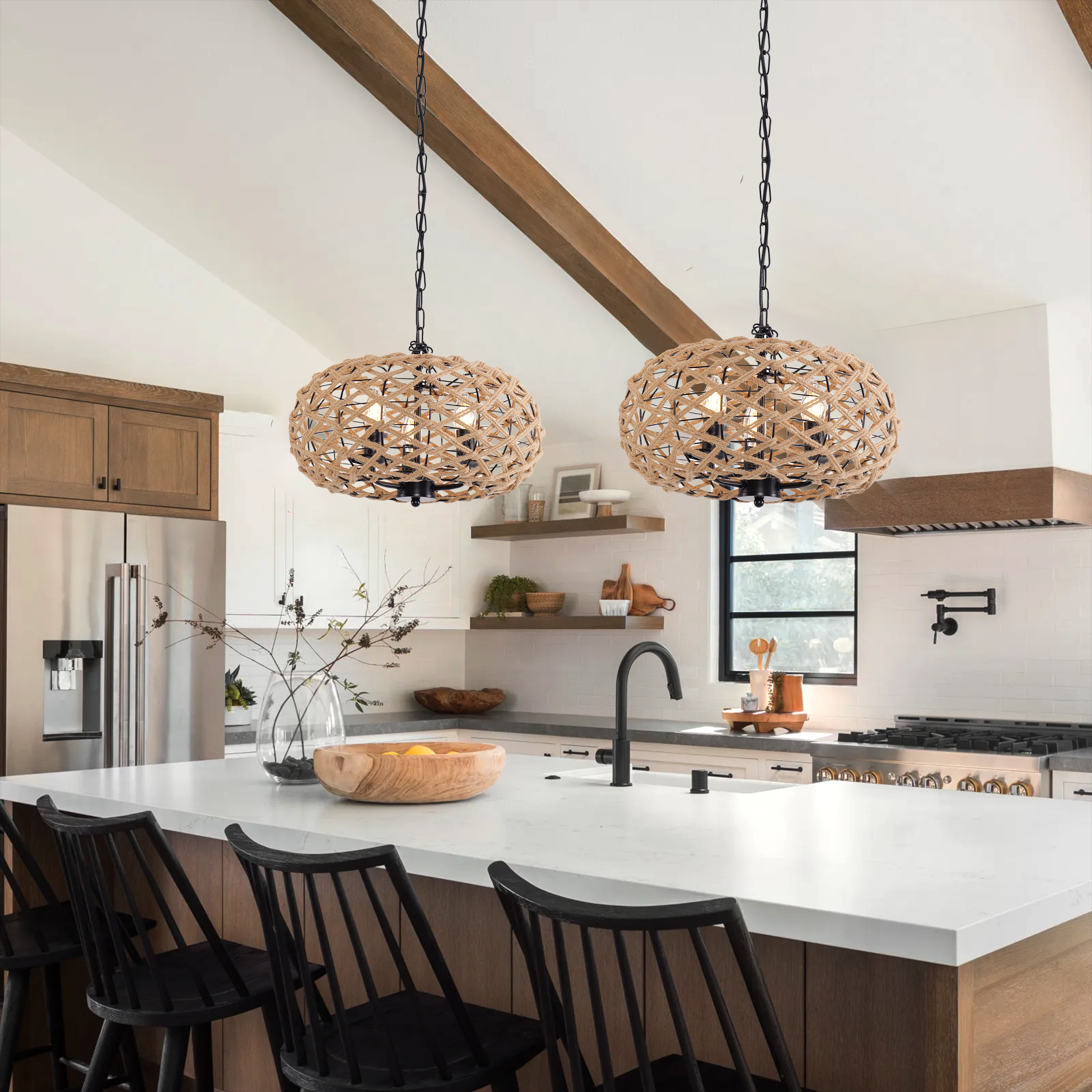 Rustic Globe Ceiling Pendant Light with Hemp Rope and Iron Frame – Kitchen & Dining Room Lighting Fixture