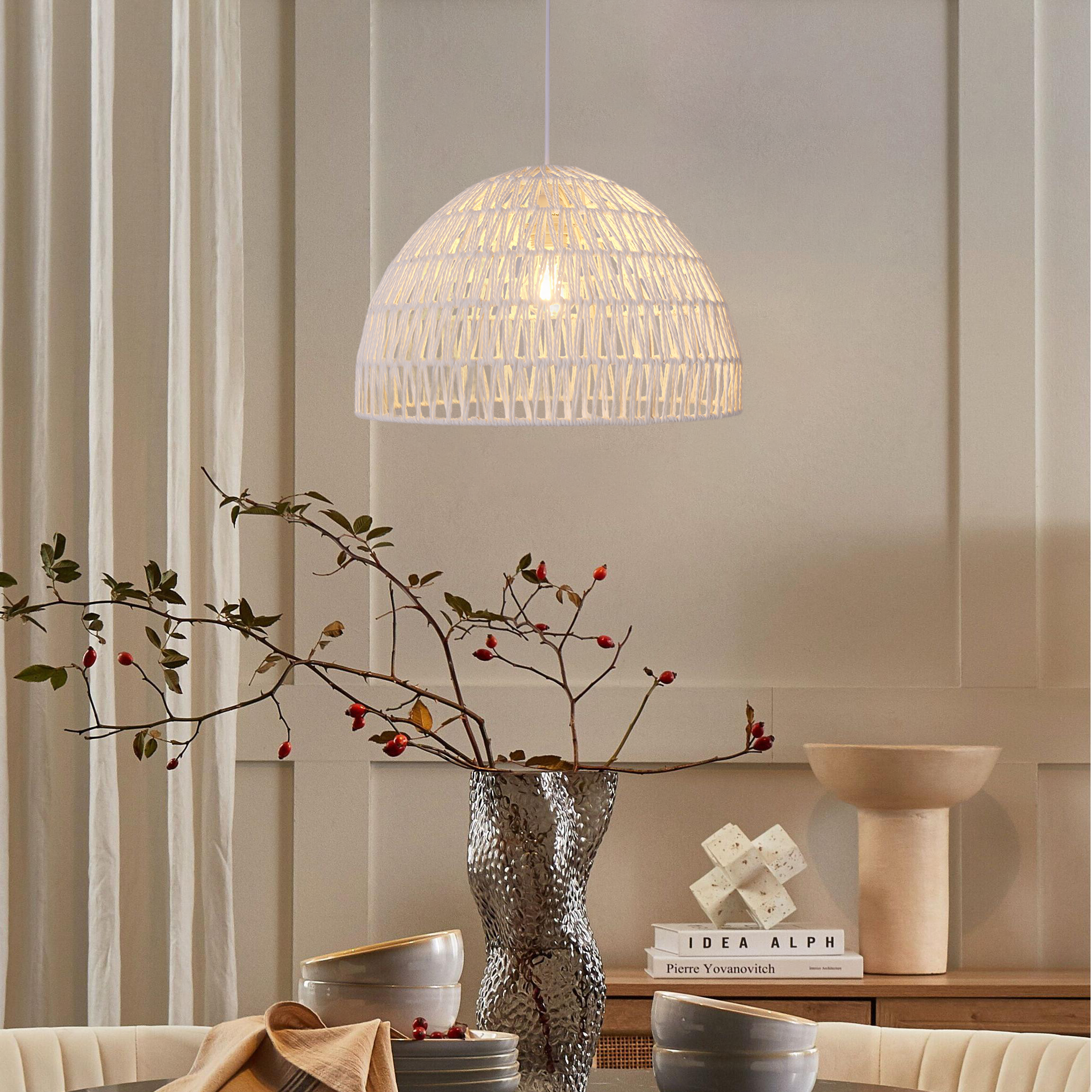 Eco-Friendly White Handwoven Paper Rope Pendant Light