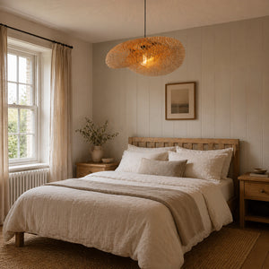 bamboo pendant light adding warm texture above a neutral bedroom