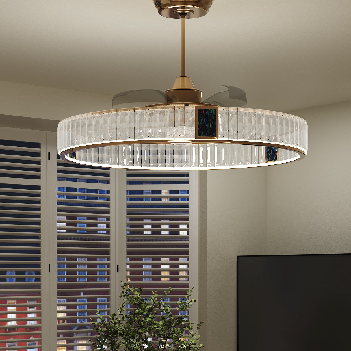 Gold Crystal Ceiling Fan with Light & Remote | 6-Speed Quiet Fan