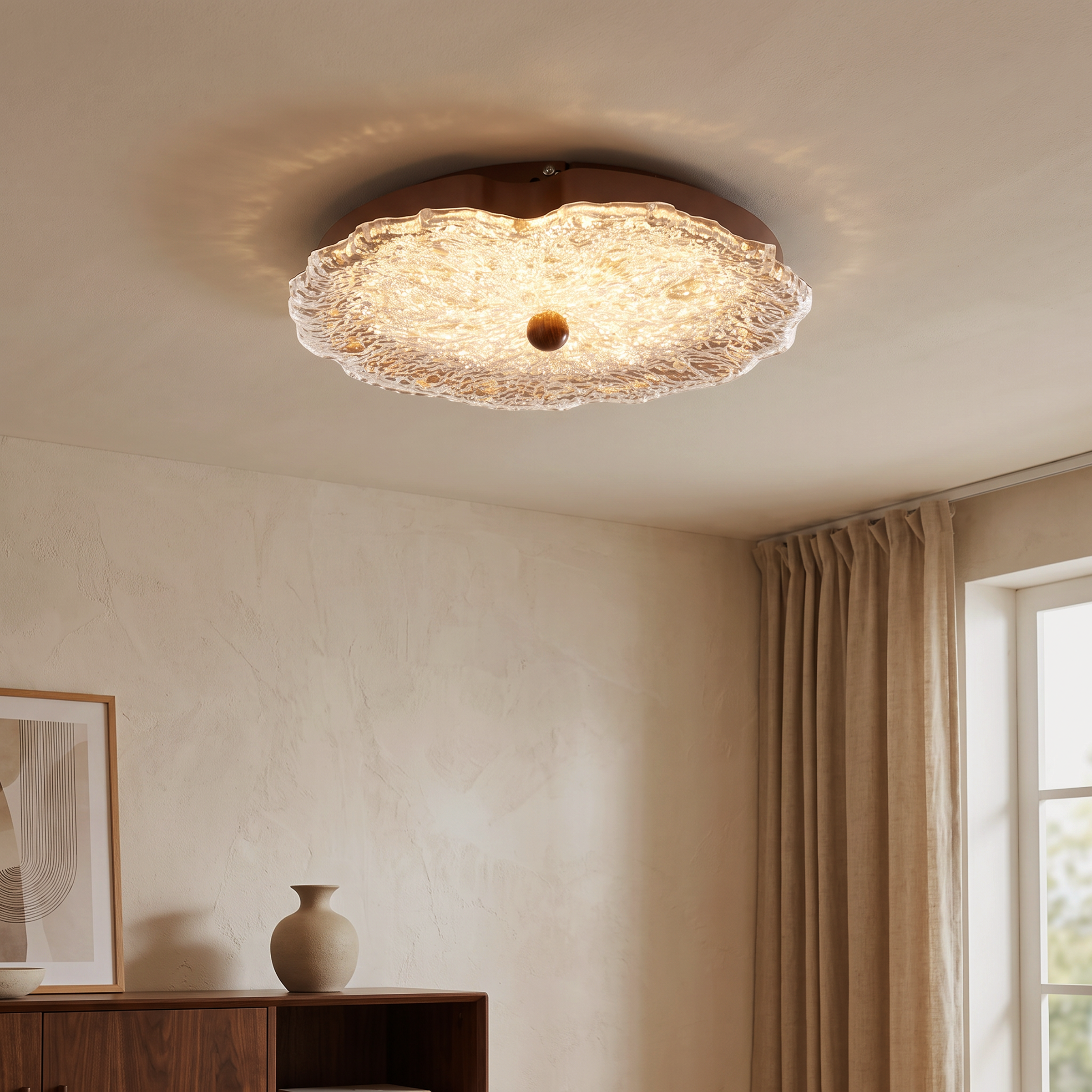 walnut ripple acrylic ceiling light mounted close to the ceiling
