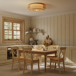 bamboo rattan ceiling light above a kitchen dining area