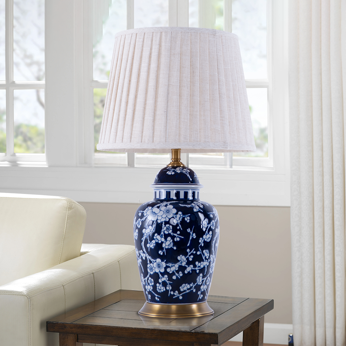Vintage Floral Ceramic Table Lamp with Brass Base and Fabric Shade