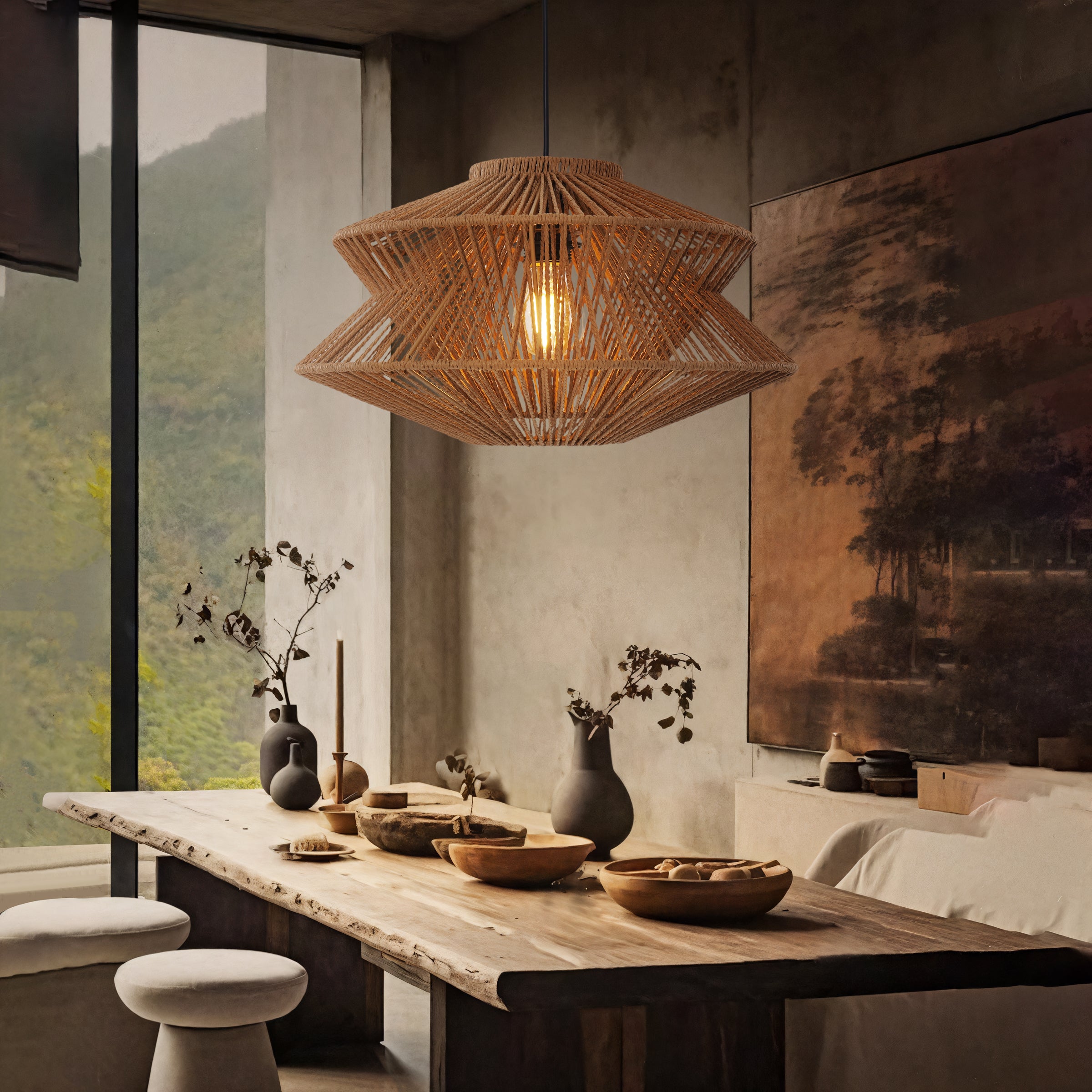 Brown Handwoven Paper Rope Pendant Light with Iron Frame