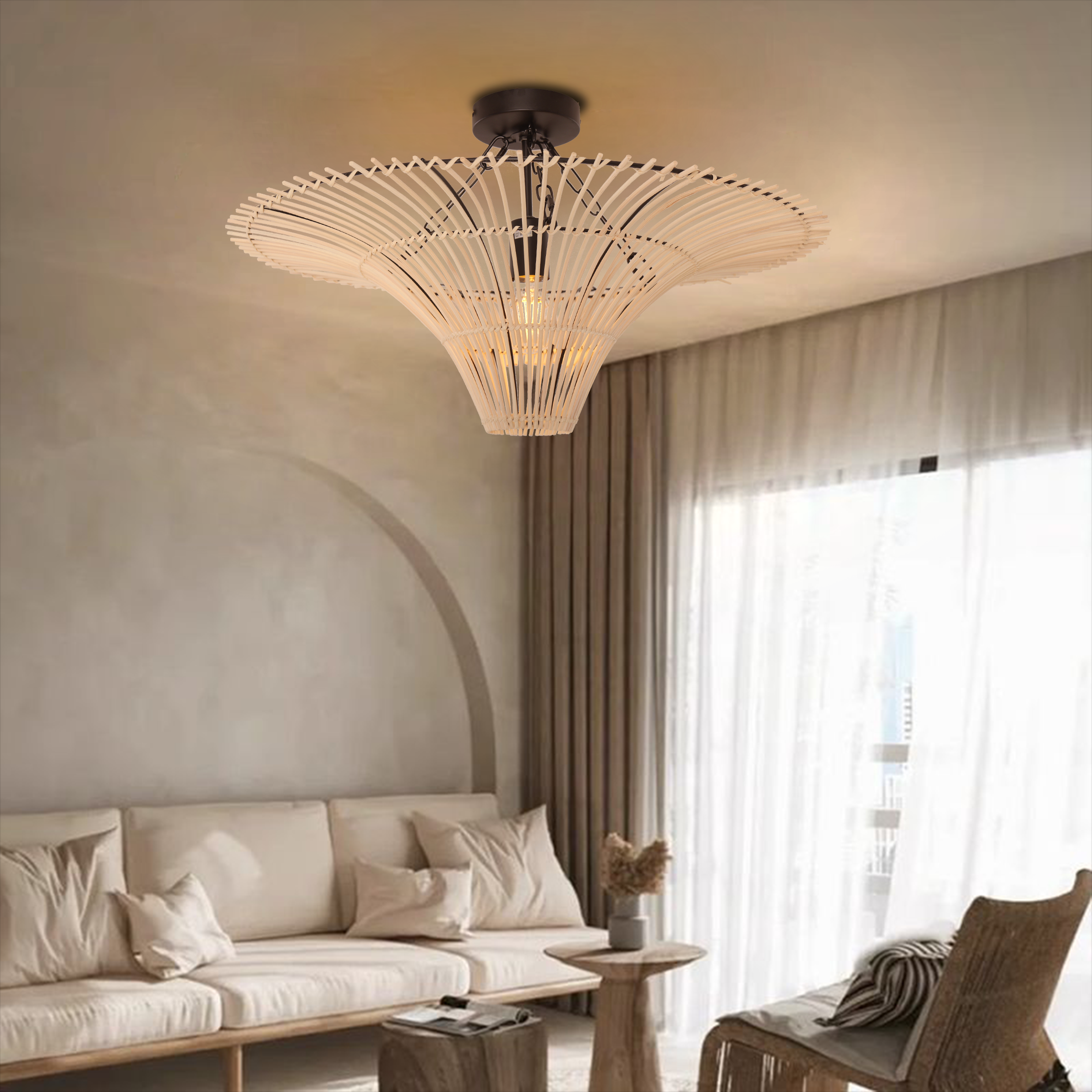 Flying Saucer-Shaped LED Rattan Pendant Light