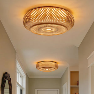 bamboo rattan ceiling light illuminating a hallway