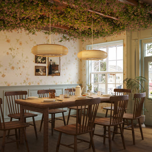 bamboo rattan pendant light over a dining table