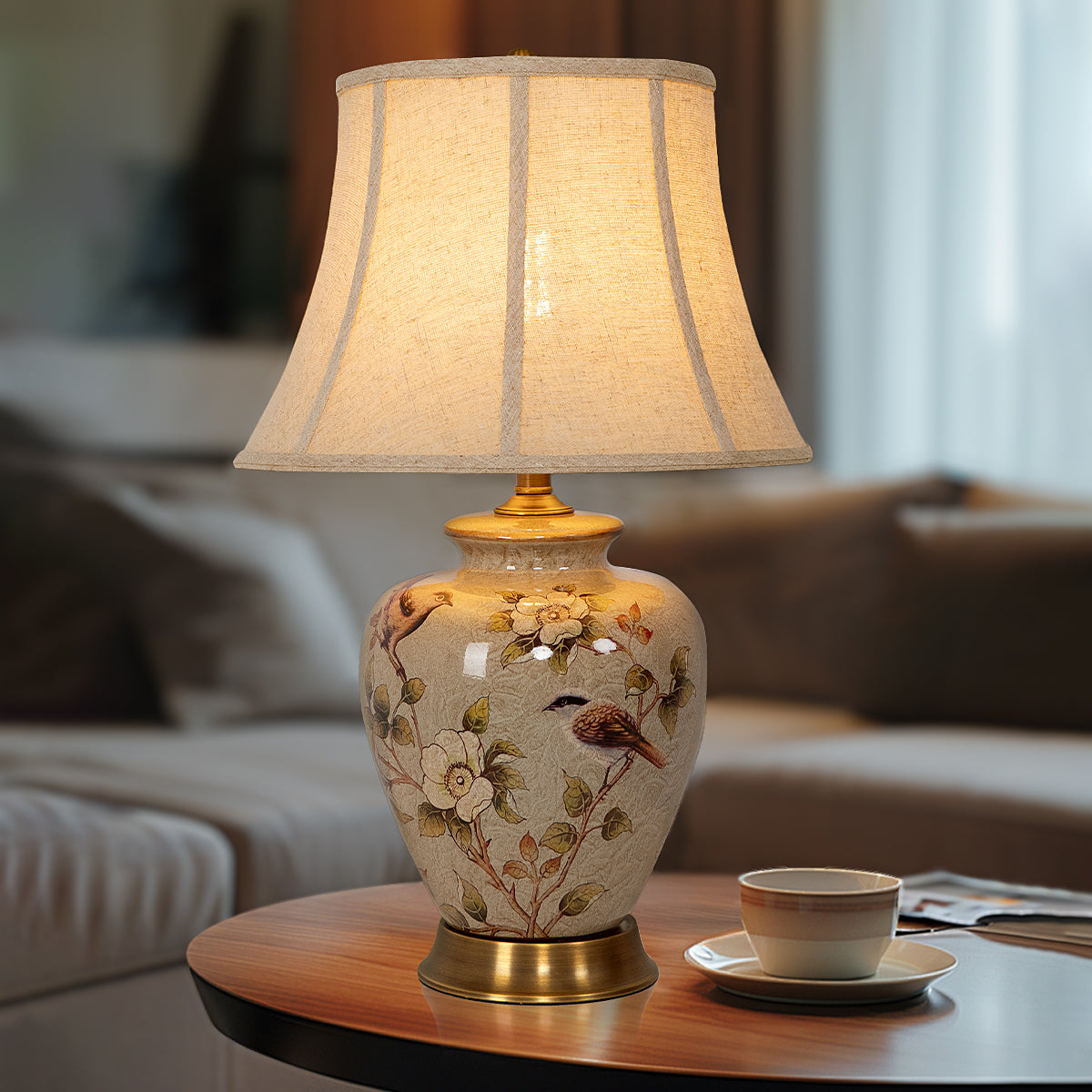 Vintage Ceramic Bird-Pattern Table Lamp – Hand-Painted, Brass Base with Fabric Shade for Living Room & Bedroom