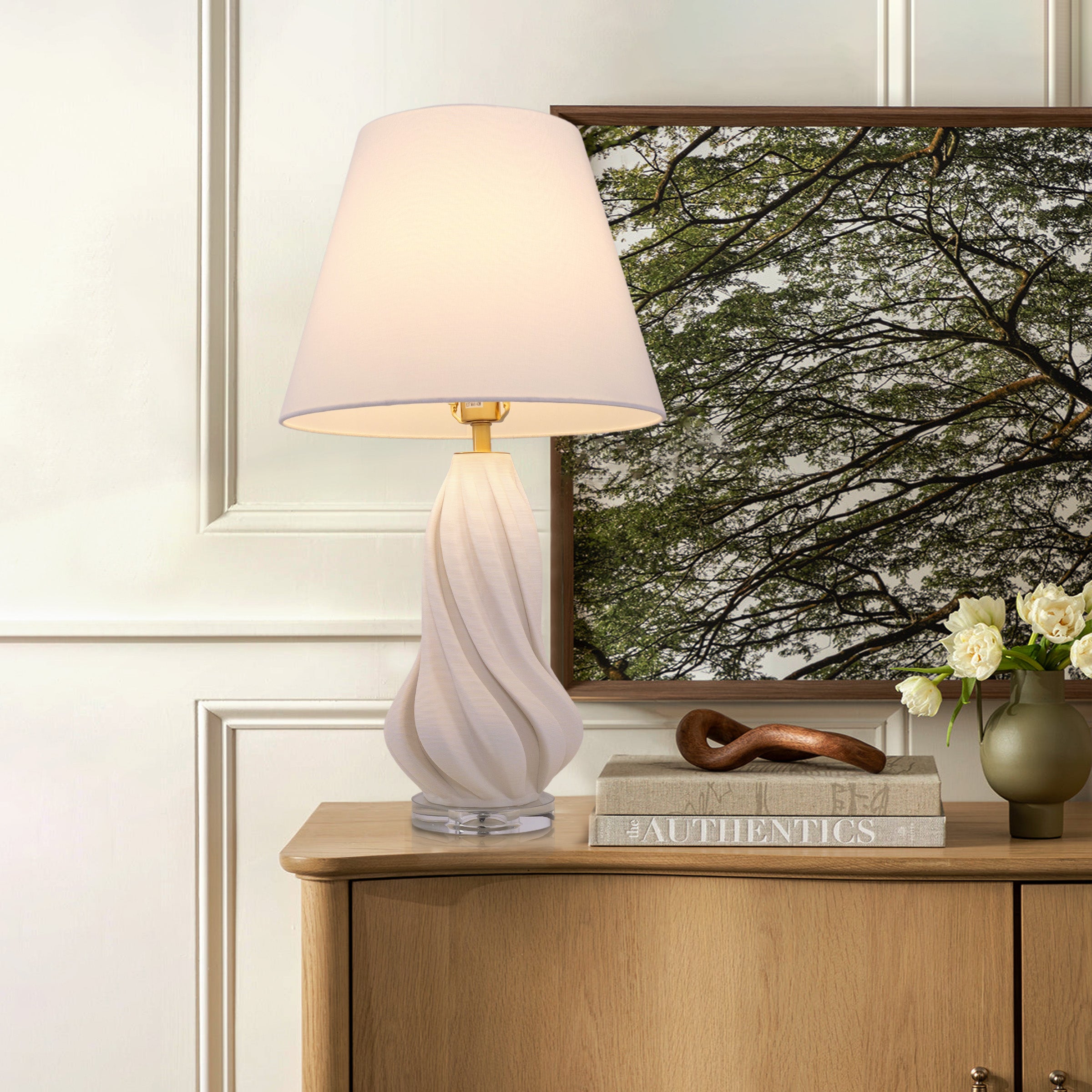 3D Pure White Ceramic Spiral Vase Table Lamp with Fabric Shade