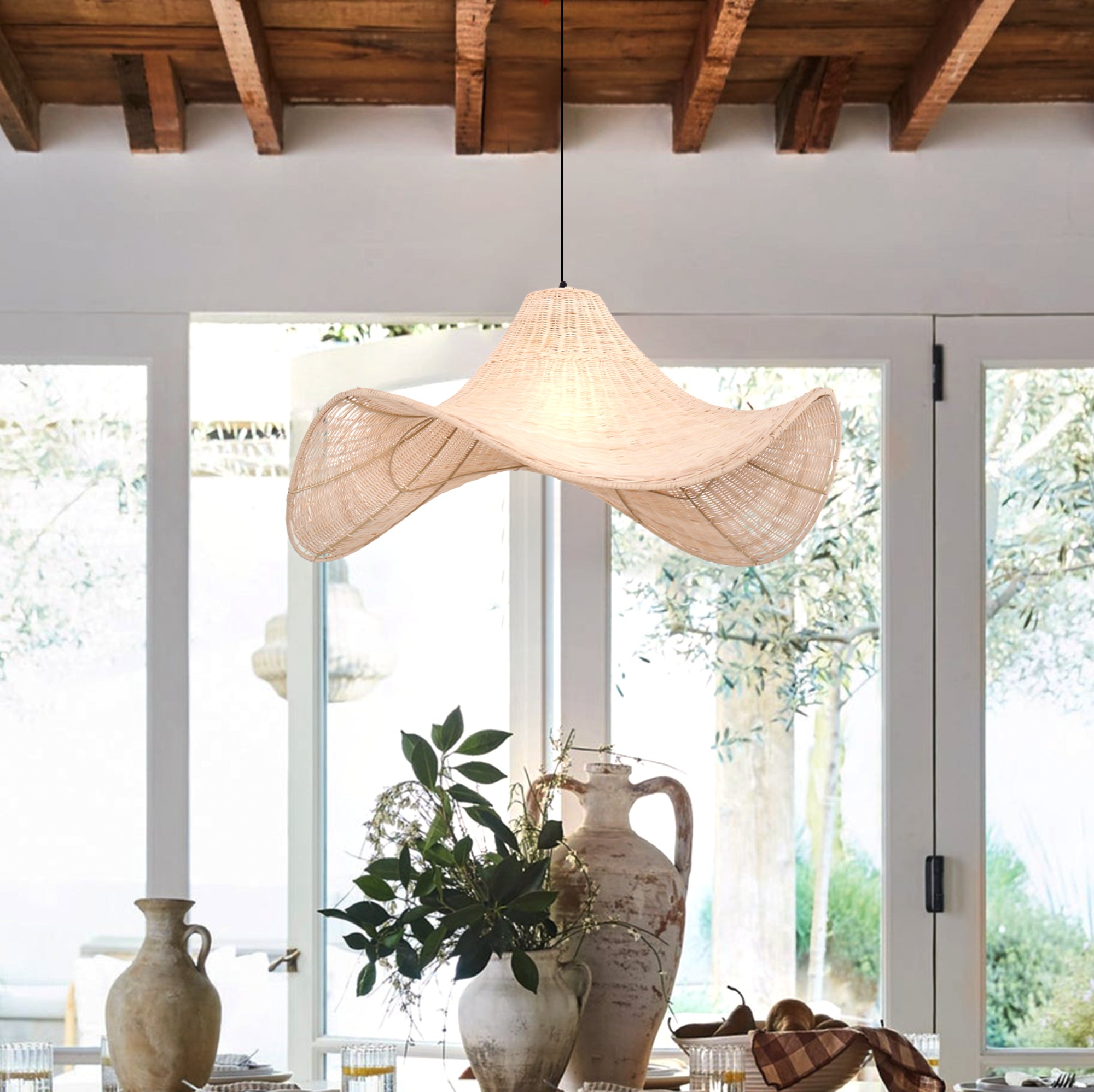 Brown & White Hat-Shaped Handwoven Rattan Pendant Light