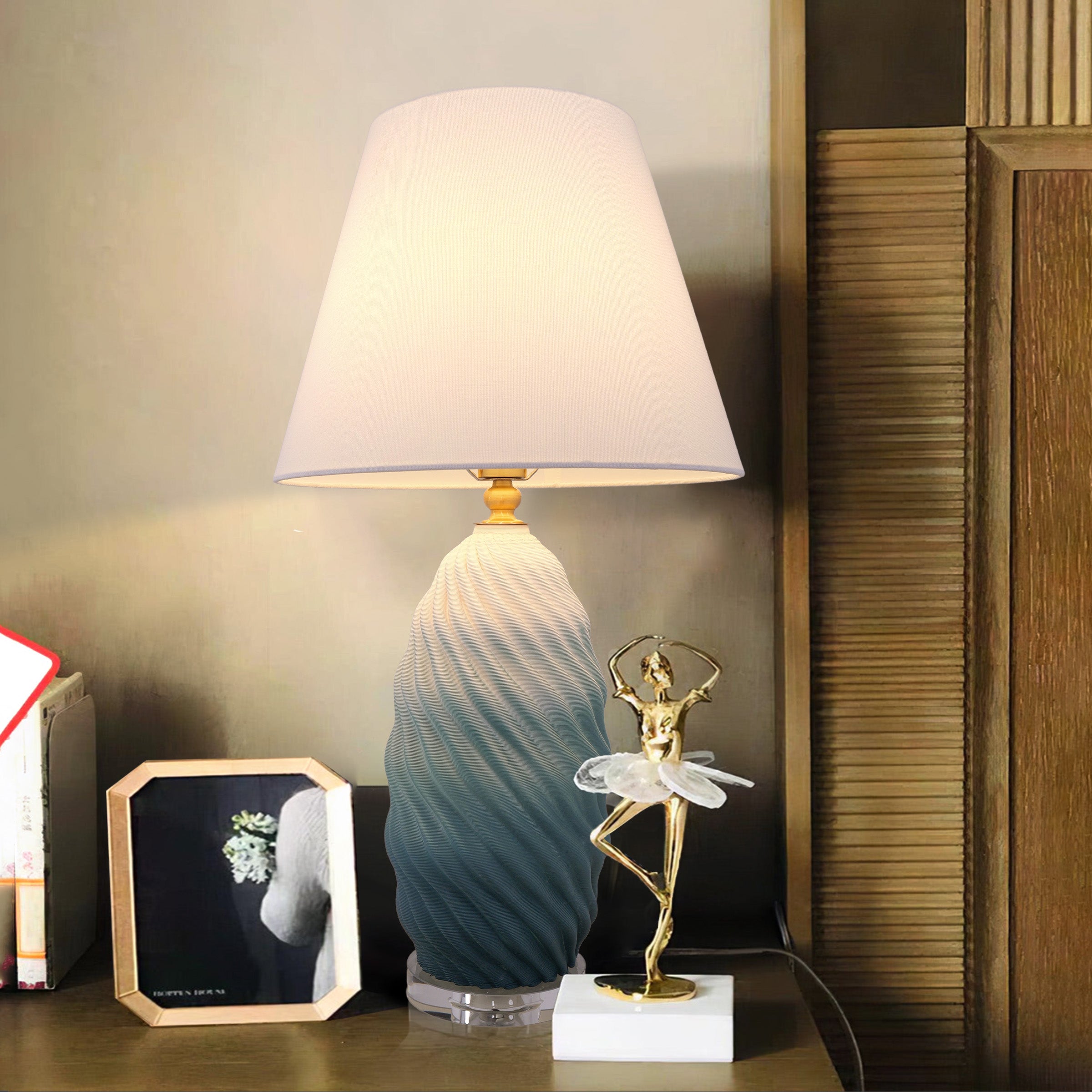 3D Blue Green White Gradient Threaded Ceramic Table Lamp with Fabric Shade