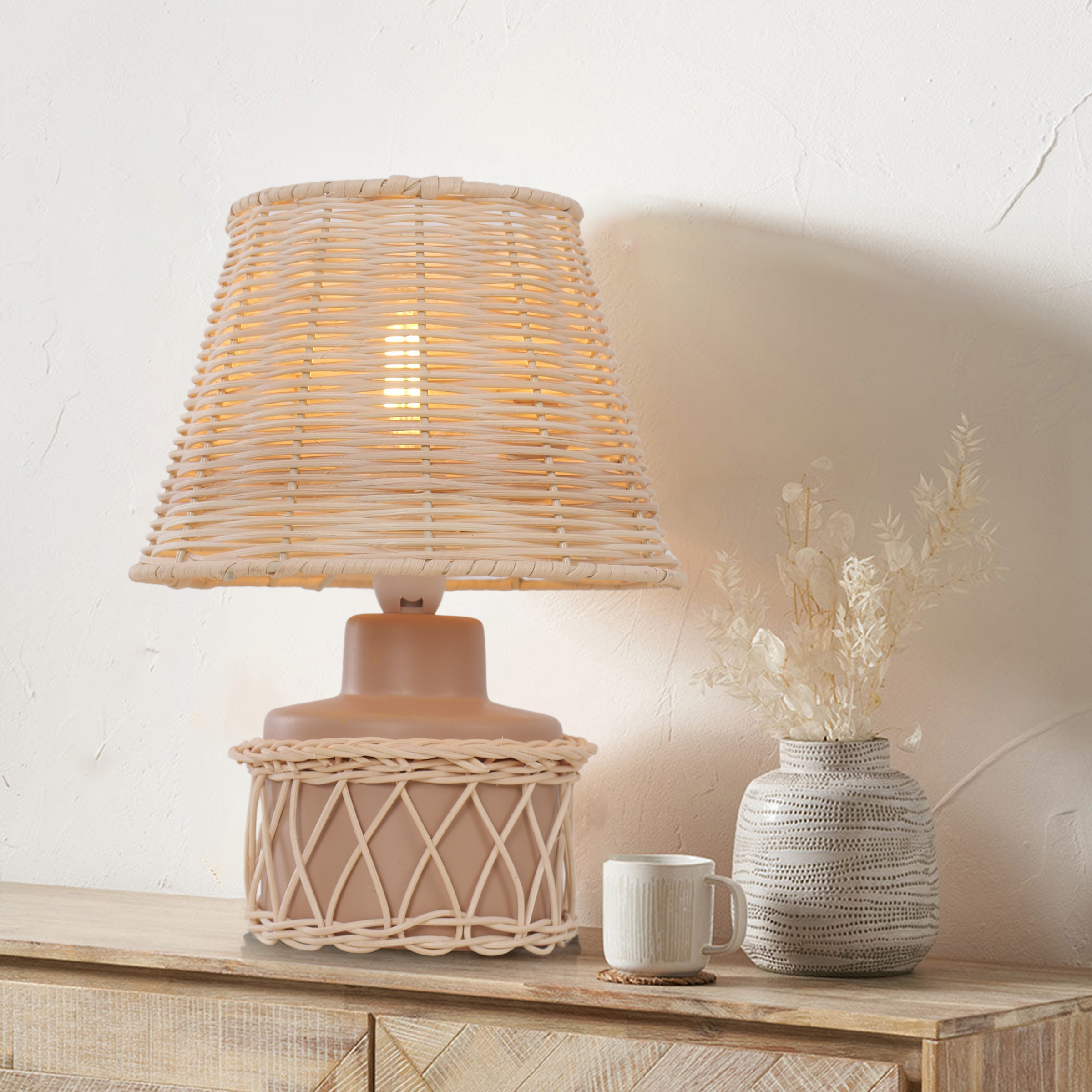 Blush Pink Ceramic and Rattan Table Lamp – Perfect for Bedside, Desk, and Reading Corners