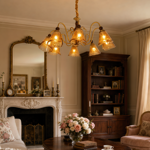8-light walnut chandelier with amber cut glass shades with close-up glass flower detail