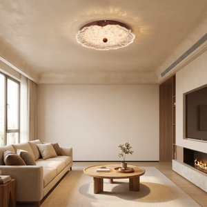 walnut ripple acrylic ceiling light brightening a living room