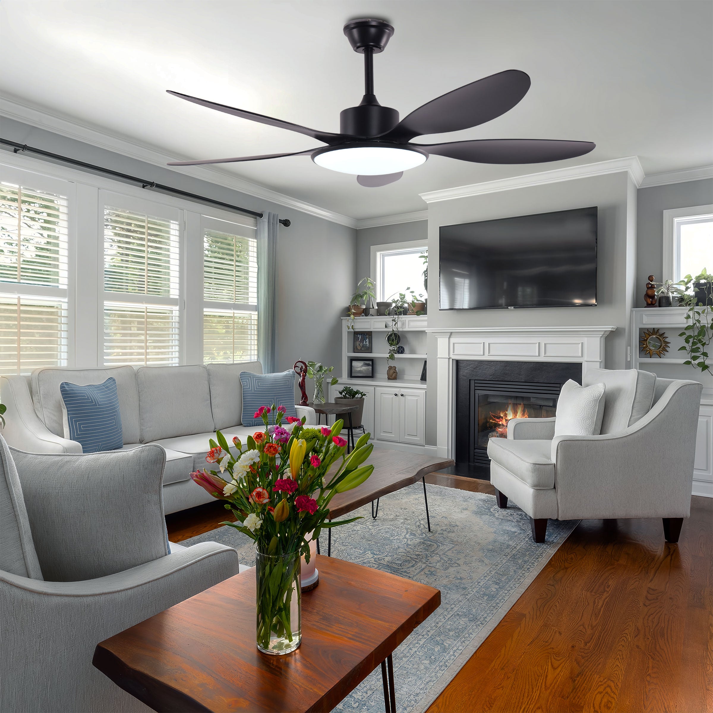 Low-Noise 5-Blade Fan Light with Adjustable Speeds and Timer Feature
