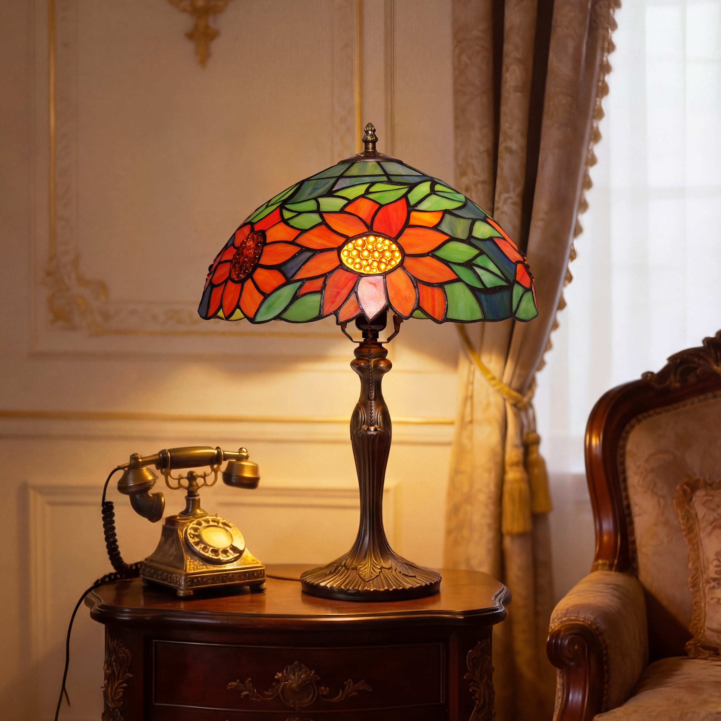 Tiffany Table Lamp | Handcrafted Stained Glass Floral Petals Series Green and Blue